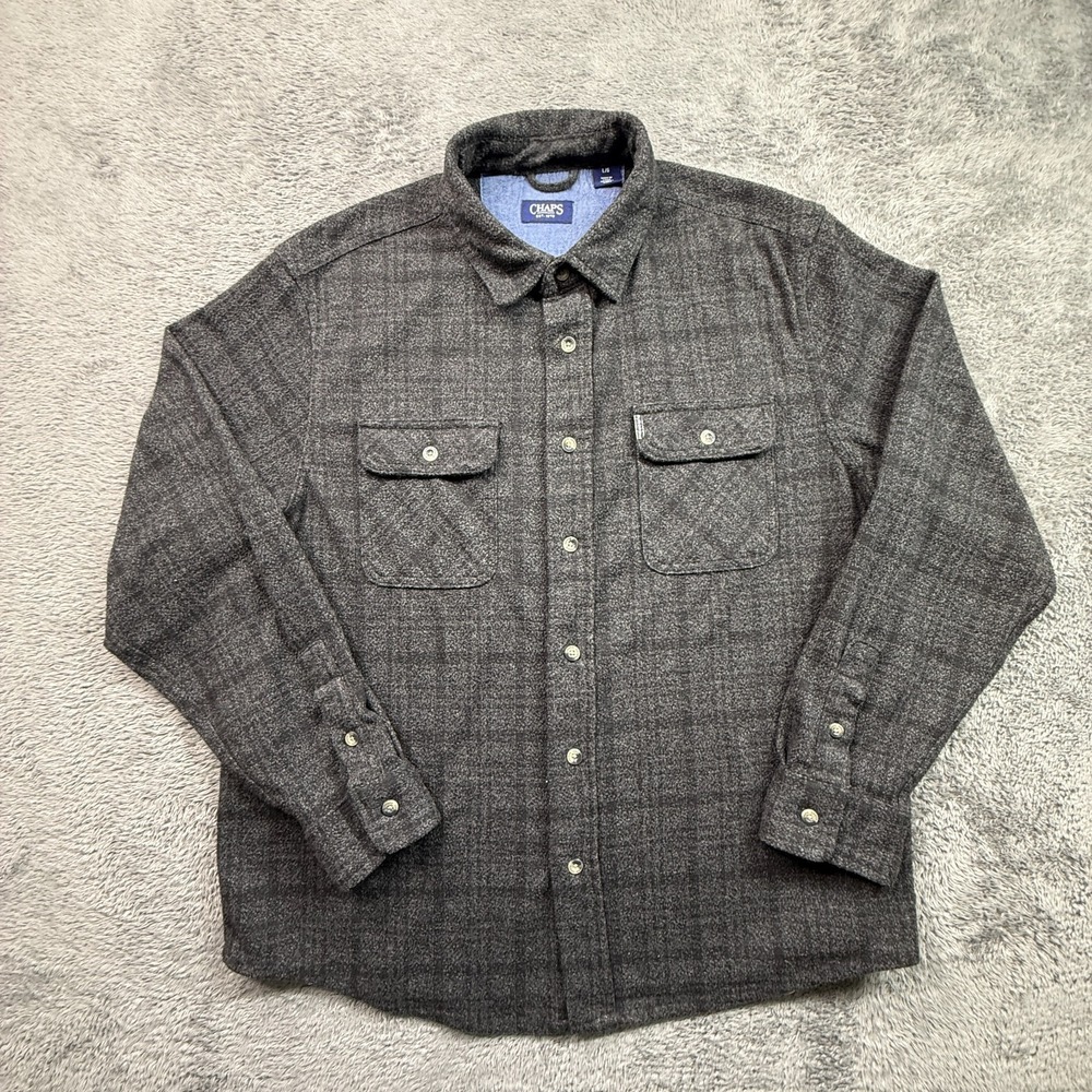 Chaps Ralph Lauren Mens Button Up Fleece Shirt L Shadow Black Gray Long Sleeve